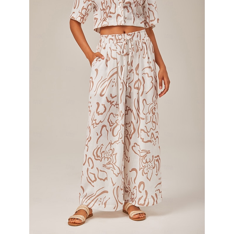 Artistic Print Elastic Tie Waist & Linen-Like Fabric Wide-Leg Pants