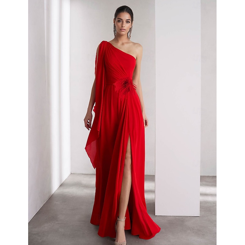 One Shoulder A-Line Chiffon Feather Evening Gown Elegant Dress Formal Floor Length Sleeveless Ruched Shawl3