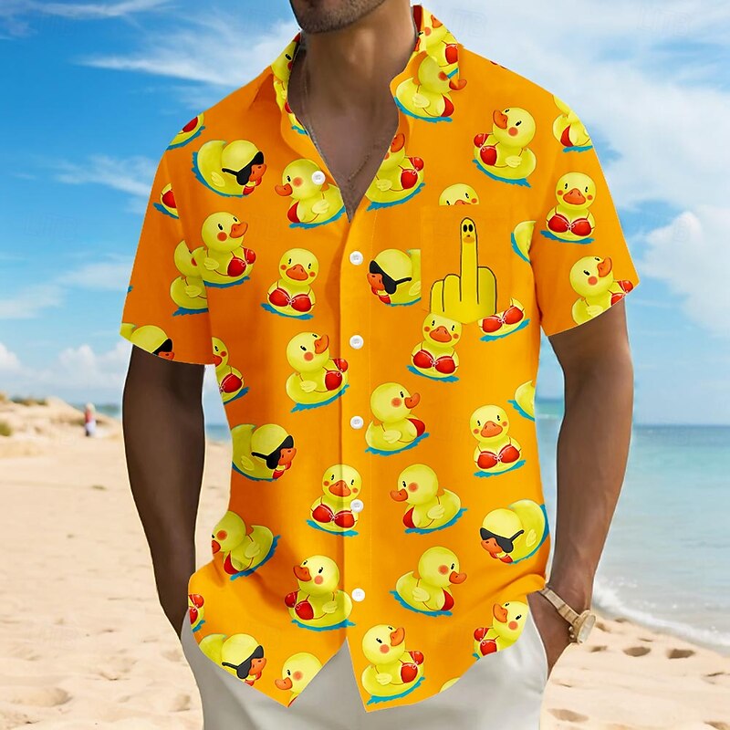 Men's Animal Funny Duck Shirt Summer Hawaiian Shirt Button Up Shirt Short Sleeve Hawaiian Vacation Holiday Beach Wear Summer Turndown 3D Print Front One Pocket Linen Like Shirt Red Blue Orange Green4