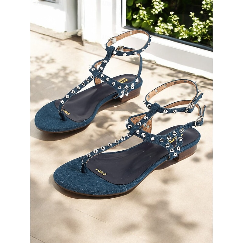 Women's Denim Studded Gladiator Sandals – T-Strap Flat Summer Sandals with Ankle Buckle, Trendy Casual Footwear for Teens and Young Women, Ideal for Vacations, Beach Walks, and Everyday Outfits2