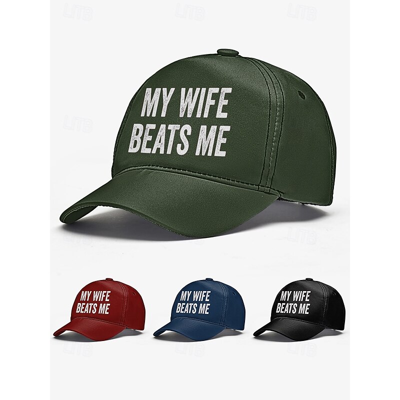 Men's Distressed Graphic ，Humorous 'My Wife Beats Me' Print Baseball Cap - Funny Design, Adjustable Snapback Cap, Casual Street Style, Suitable for Outdoor, Travel or Summer Activities2