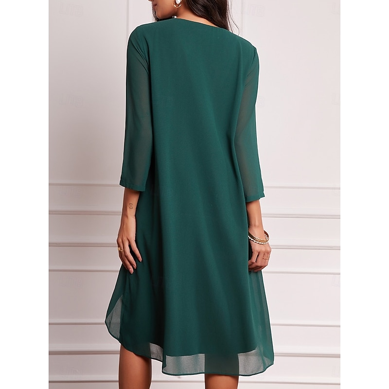 Women's Evening Dress Cape Sleeve Knee-Length Elegant Green Sheer Overlay Party Wedding Guest Spring Summer Regular Fit3