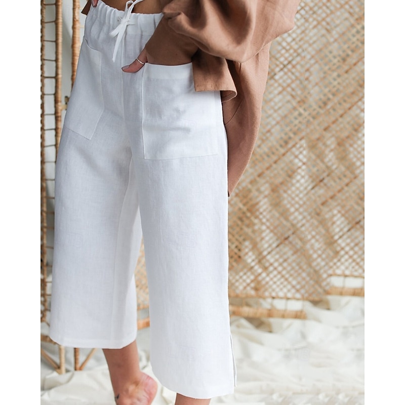 Women's Cotton Linen Pants Palazzo Pants Fashion Streetwear Comfort Calf-Length Mid Waist Plain Elastic Waist Comfy Outdoor Comfortable Street Daily Wear Going out Black White Khaki Summer Regular Fit2