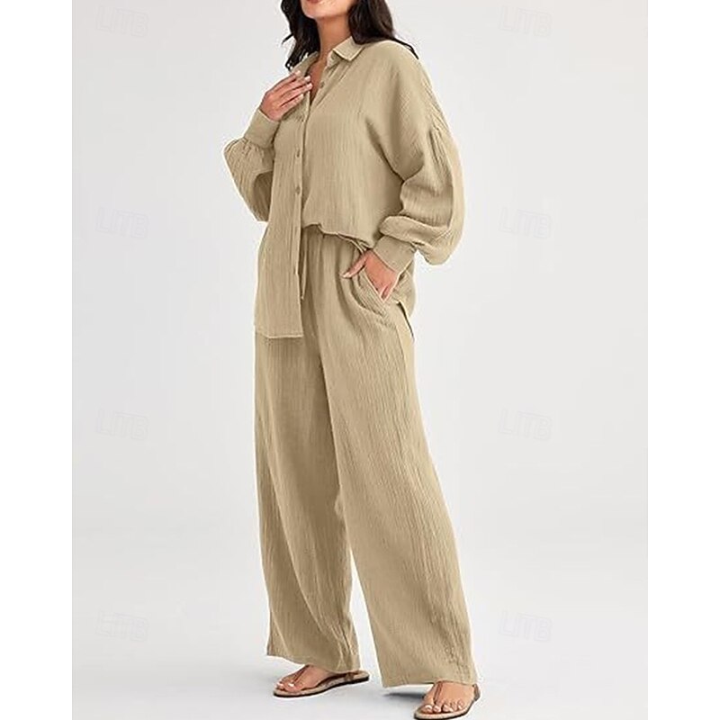 Women's Fashion Streetwear Shirt Two Piece Sets Pants Sets Long Sleeve Shirt Collar Solid Color Drawstring Daily Wear Date Black Wine Army Green Spring Regular Fit2