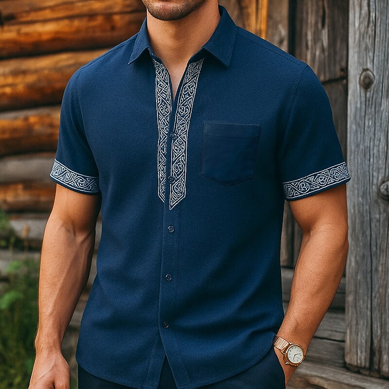 Men's Shirt Linen Shirt Viking Style Summer Shirt Beach Wear Button Up Shirt Solid Color Vacation Curise Navy Blue Short Sleeve Collar Summer Spring & Summer Clothing Apparel Patchwork