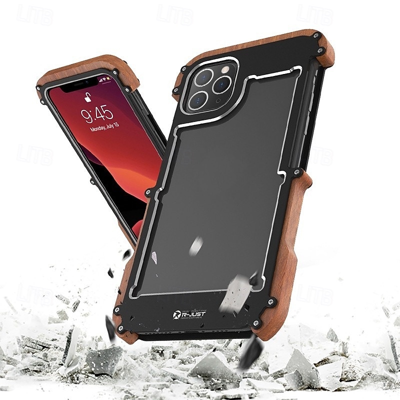 Phone Case For iPhone 15 14 Pro Max Plus 13 12 11 Pro Max Bumper Frame 4 Corners Protection Solid Color Wooden Aluminum Alloy - Main Image