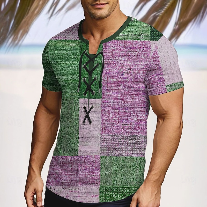 Men's Patchwork Shirt Short Sleeve T shirt 3D Print Lace Up Neck Shirt Vacation Fashion Casual Street Casual Daily Blue Purple Brown Summer Spring Clothing Apparel S M L XL XXL XXXL2