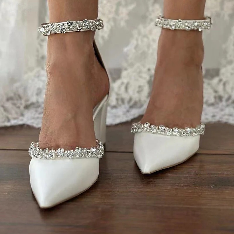 Women's White Block Heel Wedding Shoes – Pointed Toe with Rhinestone Embellished Ankle Straps, Elegant Bridal Footwear for Special Occasions2