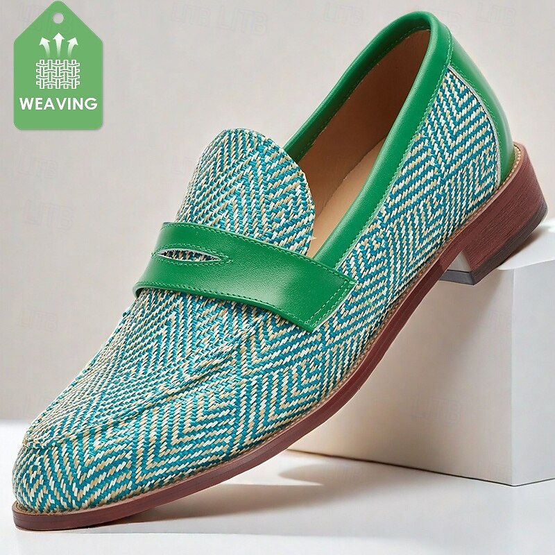 Men's Green & Beige Nylon Woven Loafers – Stylish Slip-On Dress Shoes for Weddings & Parties
