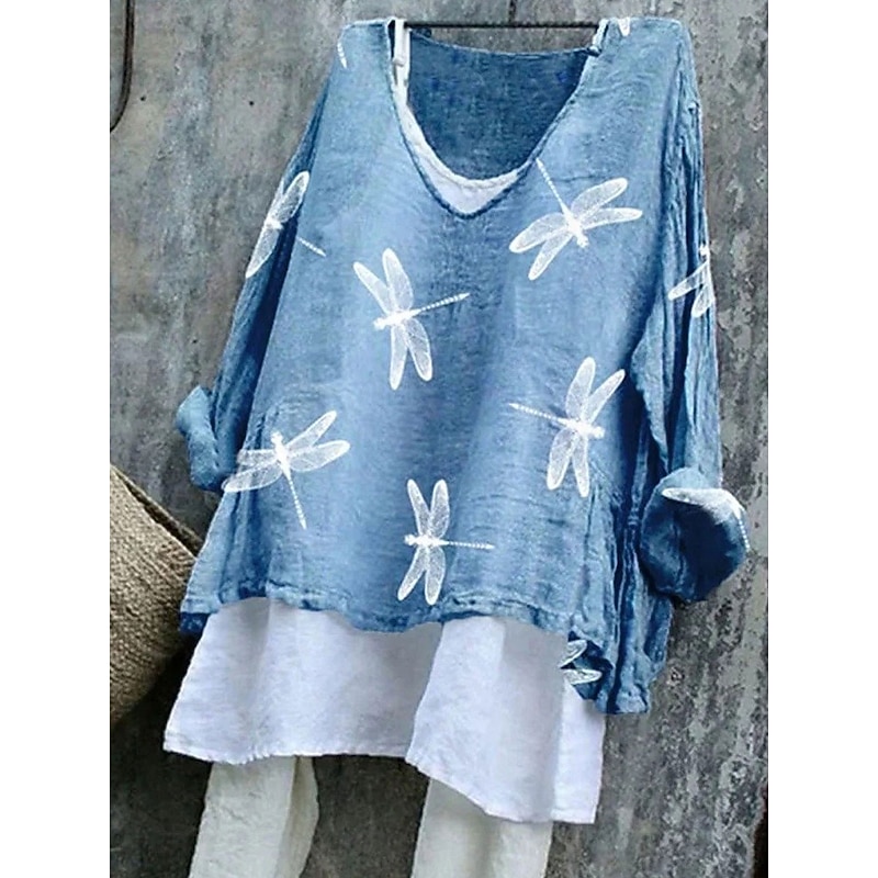 Women's Blouse Graphic Dragonfly Stylish Casual 3/4 Length Sleeve V Neck Regular Tops Daily Pink Blue Purple Green Summer Spring
