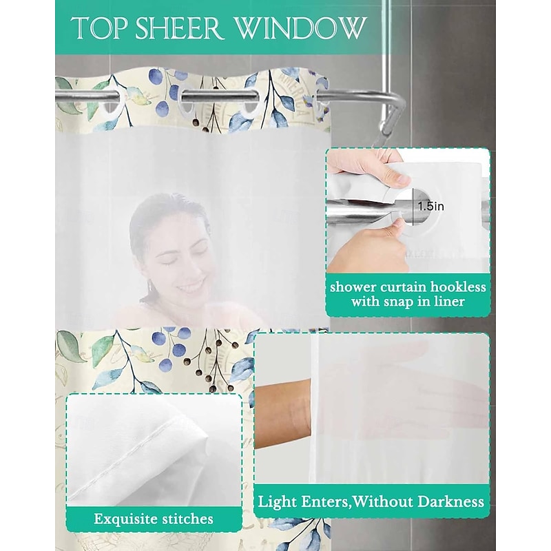 No Hook Shower Curtains 180cm*180cm(70"*70"), Floral Extra Long Bathtub Curtains with Snap in Liner, Botanical Flowers Waterproof Washable Fabric Bathroom Shower Curtain Sets3