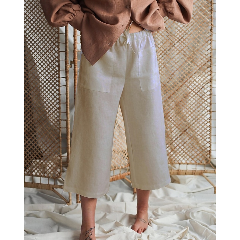 Women's Cotton Linen Pants Palazzo Pants Fashion Streetwear Comfort Calf-Length Mid Waist Plain Elastic Waist Comfy Outdoor Comfortable Street Daily Wear Going out Black White Khaki Summer Regular Fit4