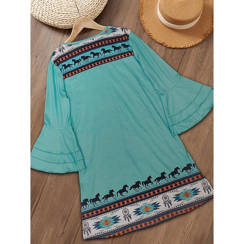 Women's Mini Dress Sundress A Line Dress Vacation Casual Boho Going out Beach Regular Fit Graphic Tribal 3/4 Length Sleeve V Neck Green Summer Spring3