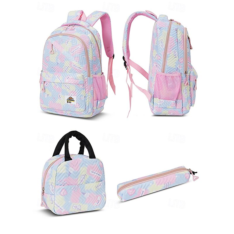 Girls' 3-Piece Pastel Backpack Set with Lunch Bag and Pencil Case – Lightweight Quilted School Bookbag for Teen Students and Daily Use4