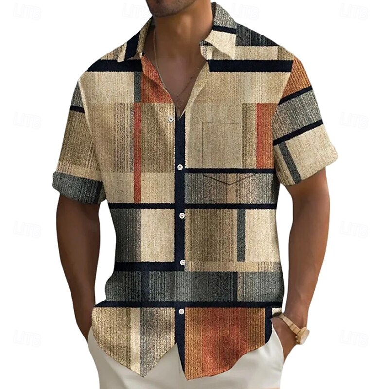 Men's Geometric Color Block Patchwork Shirt Summer Shirt Button Up Shirt Short Sleeve Fashion Casual Vacation Holiday Streetwear Summer Turndown 3D Print Front One Pocket Linen Like Shirt Orange