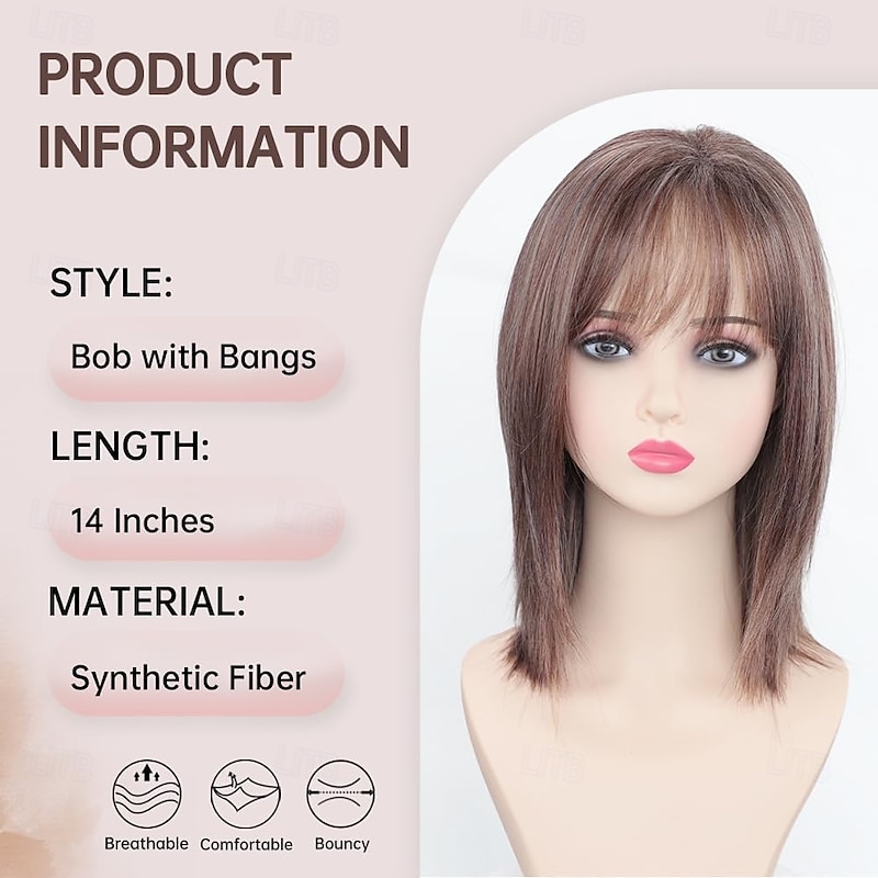 Short Straight Bob Wigs for White Women Highlight Brown Layered Wig with Air Bangs Shoulder Length Natural Synthetic Hair Wig2