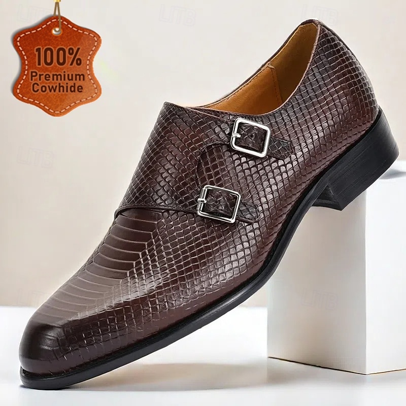 Men's Brown Snakeskin Pattern Leather Monk Strap Shoes – Sophisticated Kentucky Derby Dress Shoes for Outdoor Events and Horse Races