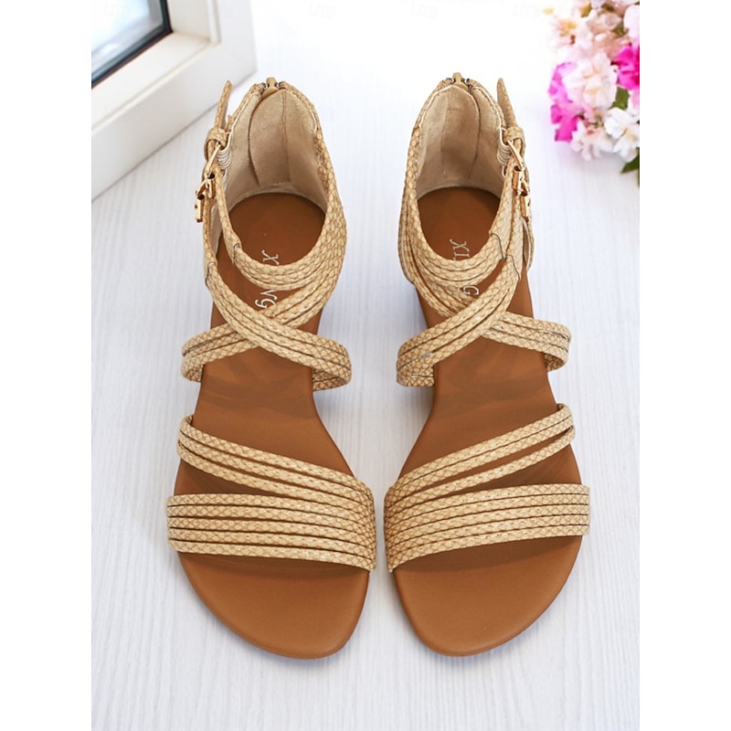 Women's Beige Gladiator-Style Braided Flat Sandals with Double Buckle Straps – Casual Boho Summer Shoes for Travel, Vacations, and Everyday Outfits