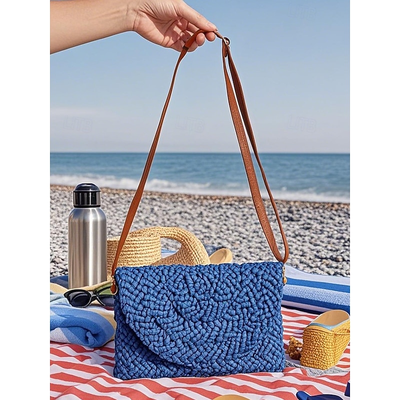 Women's Woven Straw Crossbody Bag - Boho Summer Clutch with Adjustable Shoulder Strap for Beachwear, Resort Wear and Casual Wear