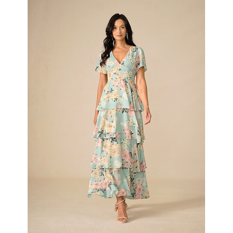 Women's Maxi Dress A Line Dress Layered Dress Elegant Ruffle Sleeve Vacation Loose Fit Floral Short Sleeve V Neck Sage Green Summer4