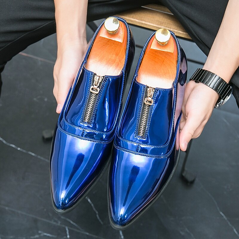 Shiny Blue Patent Leather Dress Shoes for Men with Zipper Closure - Trendy Dance Shoes for Special Occasions3