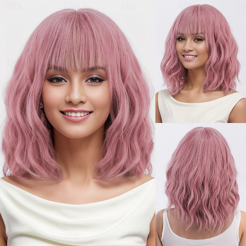 Synthetic Wig Water Wave Curly Weave Asymmetrical Neat Bang Machine Made Wig 14 inch A1 Synthetic Hair Women's Party Classic Comfortable Pink