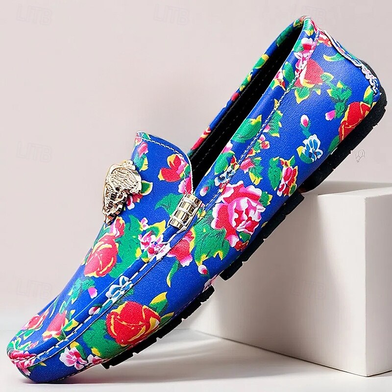 Men's Blue Floral Slip-On Loafers with Lion Head Decoration, Stylish Moccasins, Ideal for Casual Outings, Resort Wear, and Relaxing Vacations