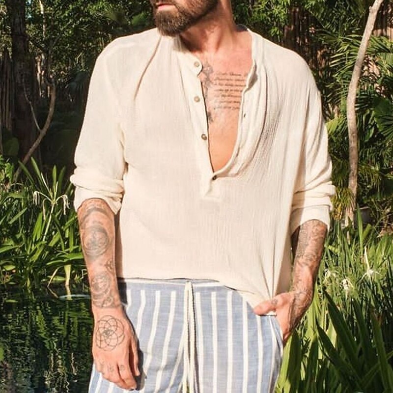 Men's Shirt Linen Shirt Band Collar Shirt Popover Shirt Summer Shirt Beach Wear Solid Color Vacation Street Apricot Long Sleeve Summer Spring Clothing Apparel Buttons2