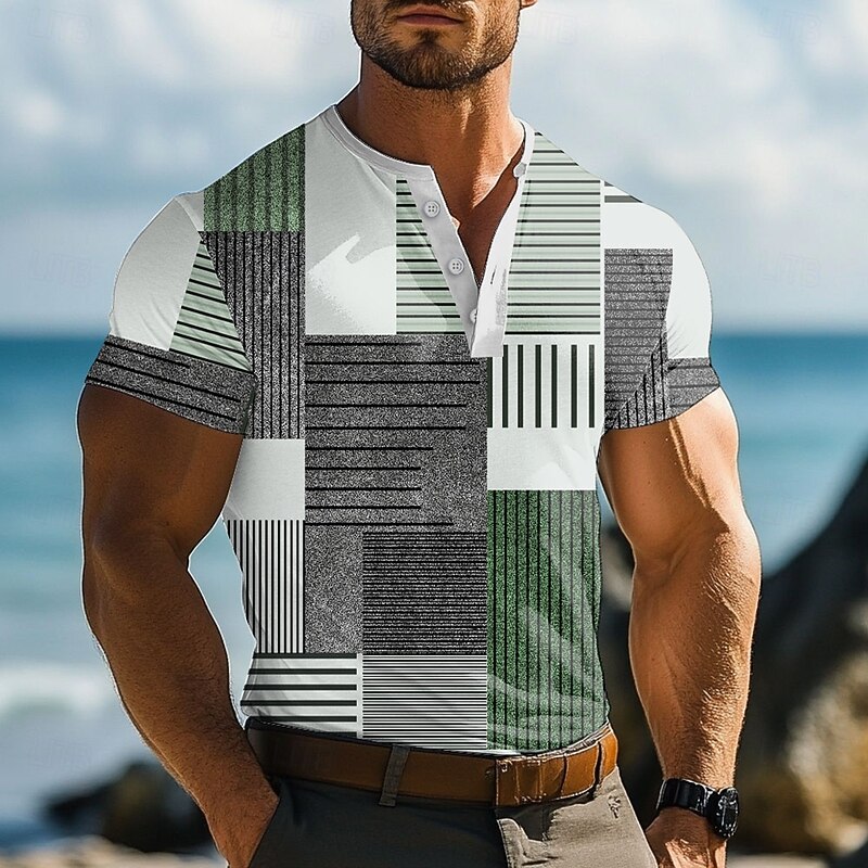 Men's Patchwork Pattern T Shirt Henley Shirt Short Sleeve Designer Retro Vintage Casual Street Casual Daily Summer Spring Navy Blue Lime Green khaki Gray Henley Henley T-Shirt4
