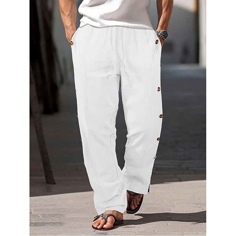 Men's Linen Pants Trousers Summer Pants Beach Pants Pocket Drawstring Elastic Waist Plain Comfort Breathable Full Length Vacation Daily Holiday Hawaiian Boho ArmyGreen Black