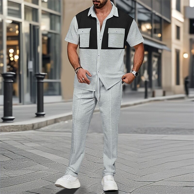 Men's T-shirt Suits Pants Sets 2 Pieces Outfits Short Sleeve Shirt Collar Summer Color Block Fashion Casual 2 Piece Vacation Daily Wear Going out Black Wine Dark Green Top Tee for Men