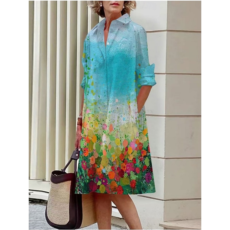 Women's Mini Dress Shirt Dress Casual Dress Summer Dress Fashion Vacation Daily Weekend Regular Fit Floral Long Sleeve Shirt Collar Aqua Blue Pink Blue Dark Green Summer