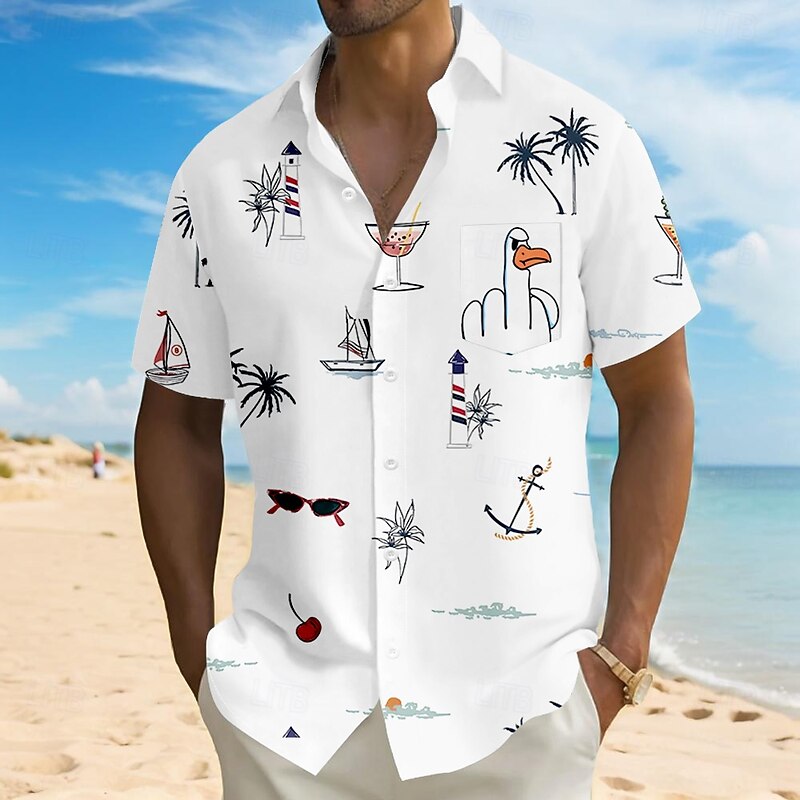 Men's Coconut Tree Funny Duck Shirt Summer Hawaiian Shirt Button Up Shirt Short Sleeve Hawaiian Vacation Holiday Beach Wear Summer Turndown 3D Print Front One Pocket Linen Like Shirt White