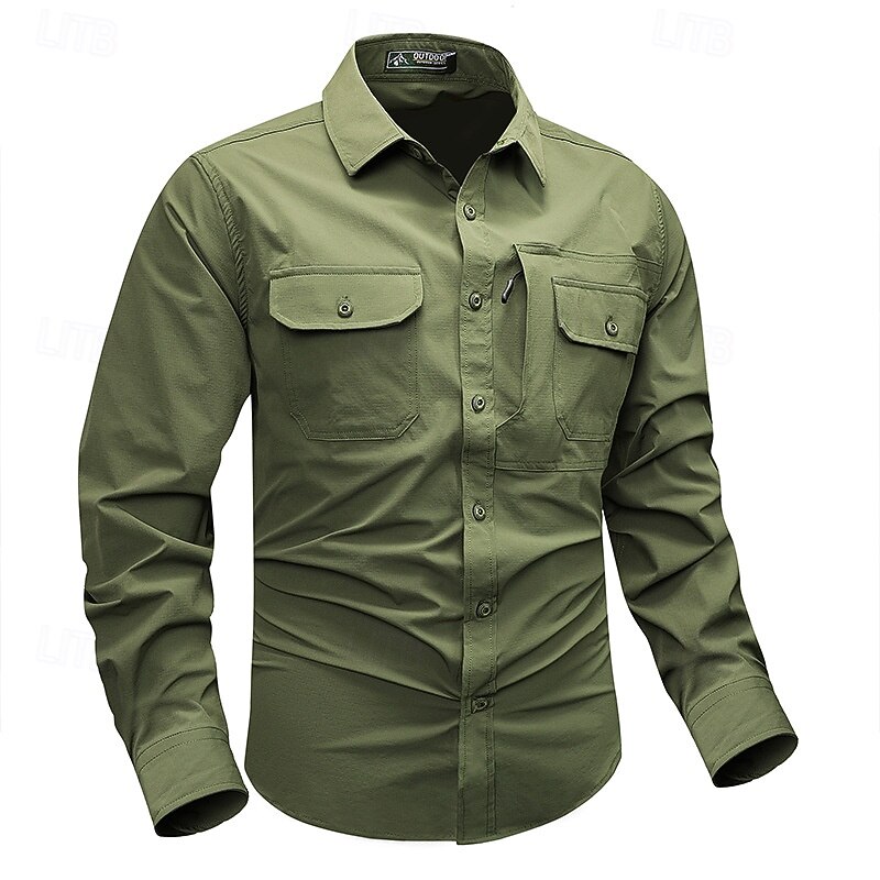 Men's Shirt Summer Shirt Casual Shirt Button Up Shirt Cargo Shirt Black khaki Army Green Beige Long Sleeve Plain Shirt Collar Vacation Hawaiian Pocket Clothing Apparel 100% Cotton Fashion Casual