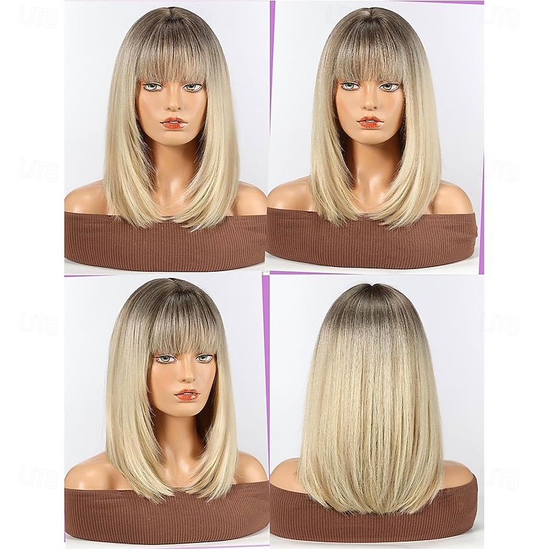Staright Wig with Fringe Synthetic Mid-length Layered Wigs for Women Blonde Color3