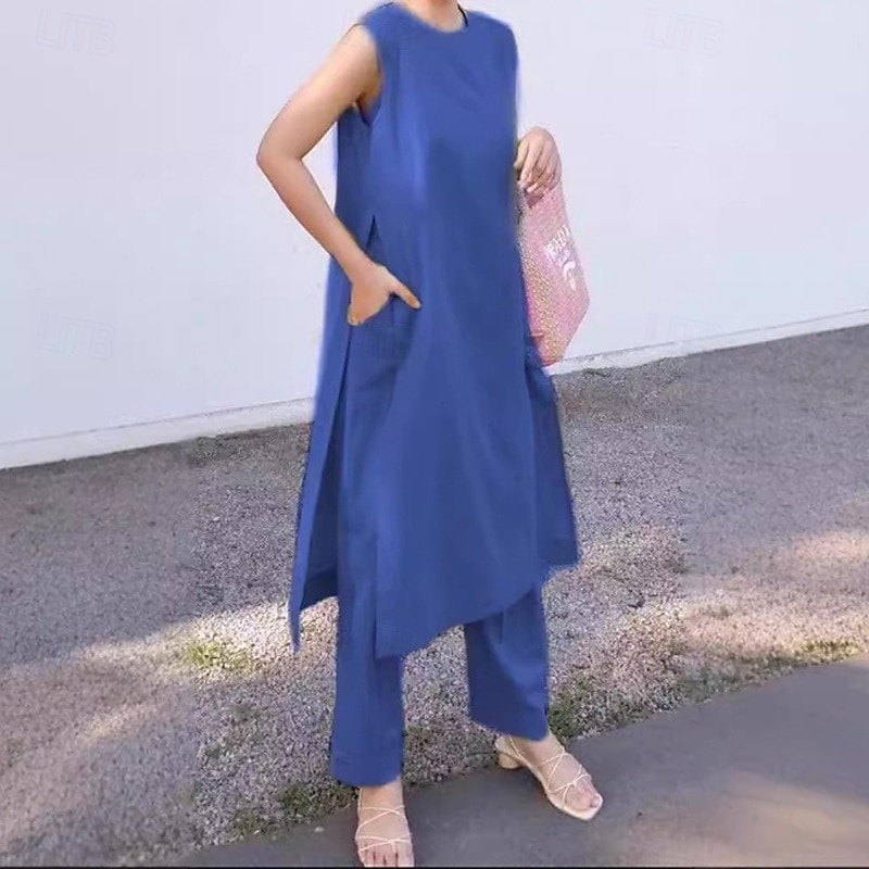 Women's Fashion Streetwear Cotton Linen Sets Two Piece Sets Pants Sets Short Sleeve Crew Neck Plain Daily Wear Date Pink Blue Purple Summer Regular Fit