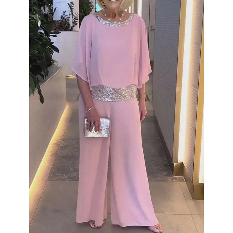 Women's 2 Pieces Fashion Streetwear Daily Pants Sets 3/4 Length Sleeve Crew Neck Solid Color Sequins Patchwork Casual Daily Black White Pink Summer Regular Fit4