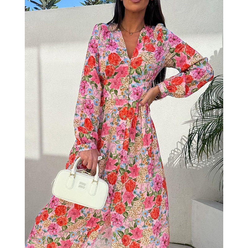 Women's Midi Dress Floral Dress Print Dress Classic Modern Vacation Holiday Going out Regular Fit Flower Long Sleeve V Neck Pink Red Blue Summer