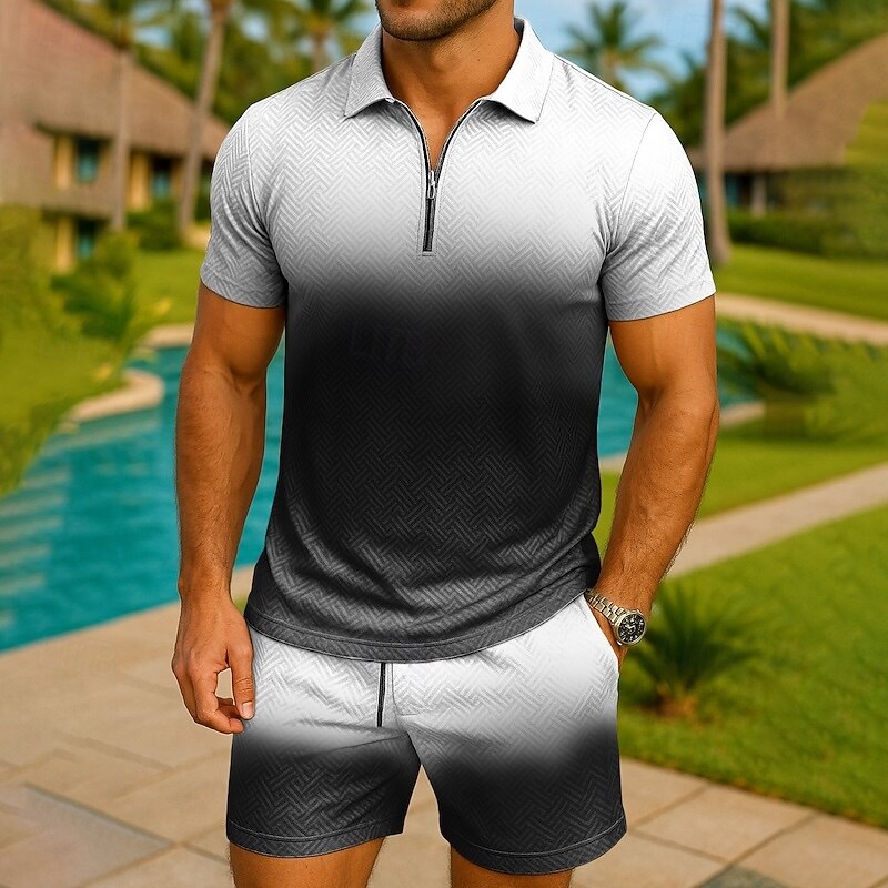 Men's T-shirt Suits 2 Pieces Outfits Tee & Shorts Short Sleeve Quarter Zip Summer Gradual Fashion Casual 2 Piece Vacation Daily Wear Going out Black Brown Top Tee for Men2