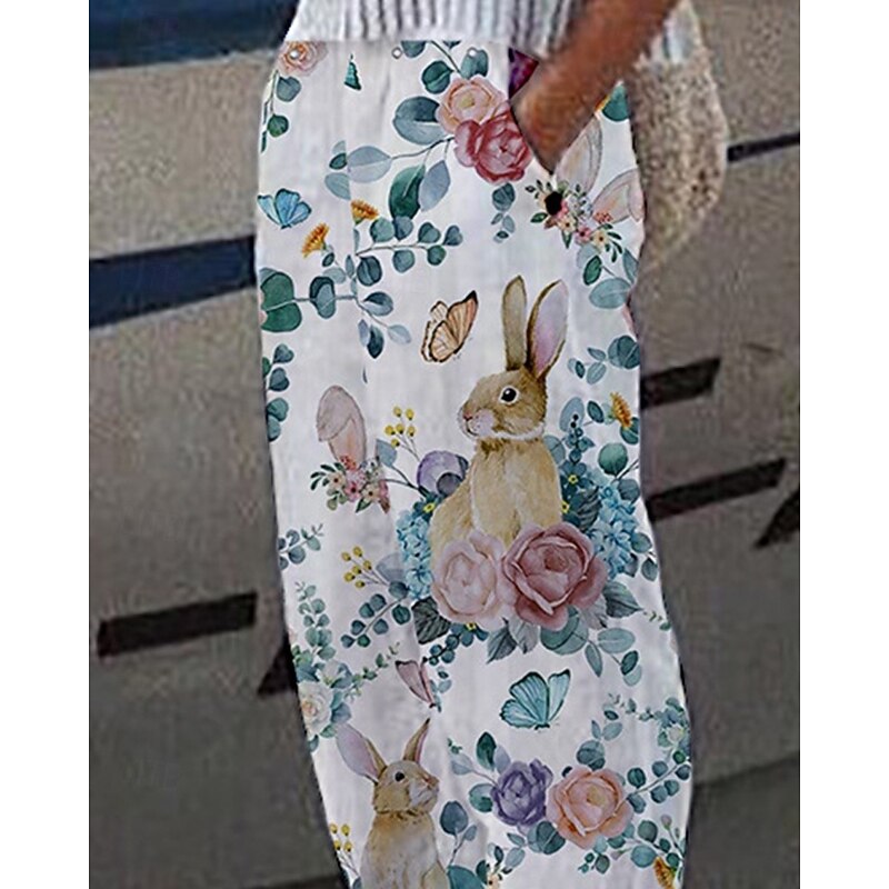 Women's Linen-Inspired Pants Harem Pants Fashion Boho Full Length Mid Waist Rabbit Flower Elastic Waist Breathable Comfortable Micro-elastic Street Daily Wear Going out Blue Summer Spring Regular Fit2