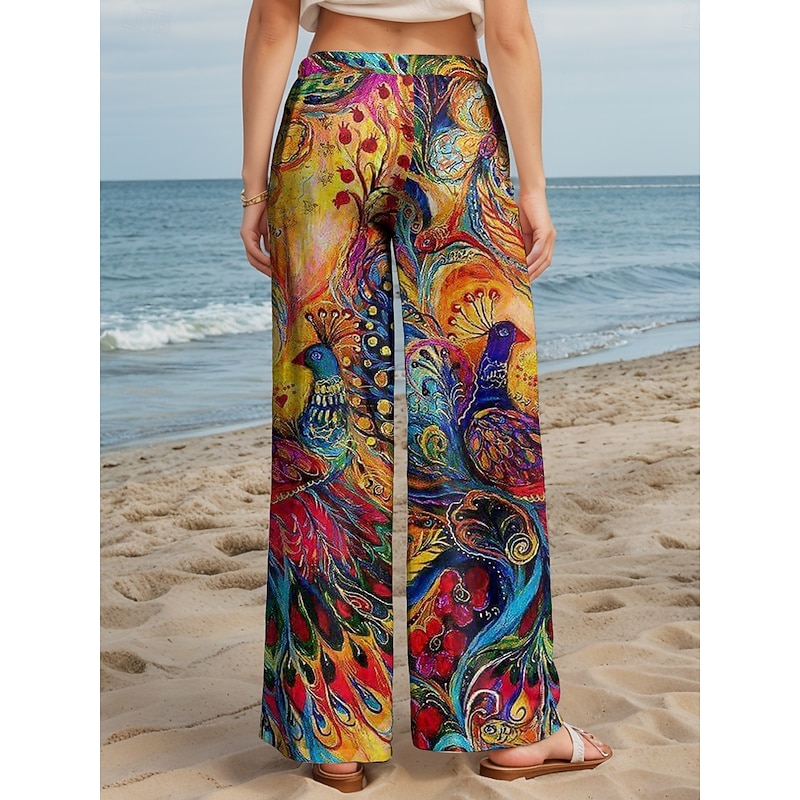 Women's Wide Leg Chinos Baggy Pants Vacation Vintage Fashion Full Length High Waist Floral Graphic Peacock Printing Soft Breathable Micro-elastic Formal Outdoor Vacation Robin's Egg Blue Ruby Red2