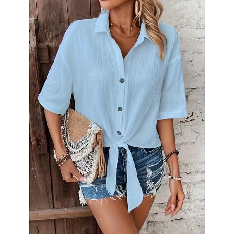 Women's Shirt Button Down Blouse Solid Color Stylish Casual Half Sleeve Shirt Button Down Blouse Collar Regular Tops Daily Buttons White Pink Green Light Blue Summer3