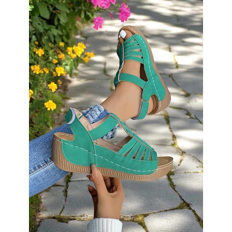Women's Green Strappy Sandals with Hook-and-Loop Closure – Lightweight Walking Shoes for Casual Wear4