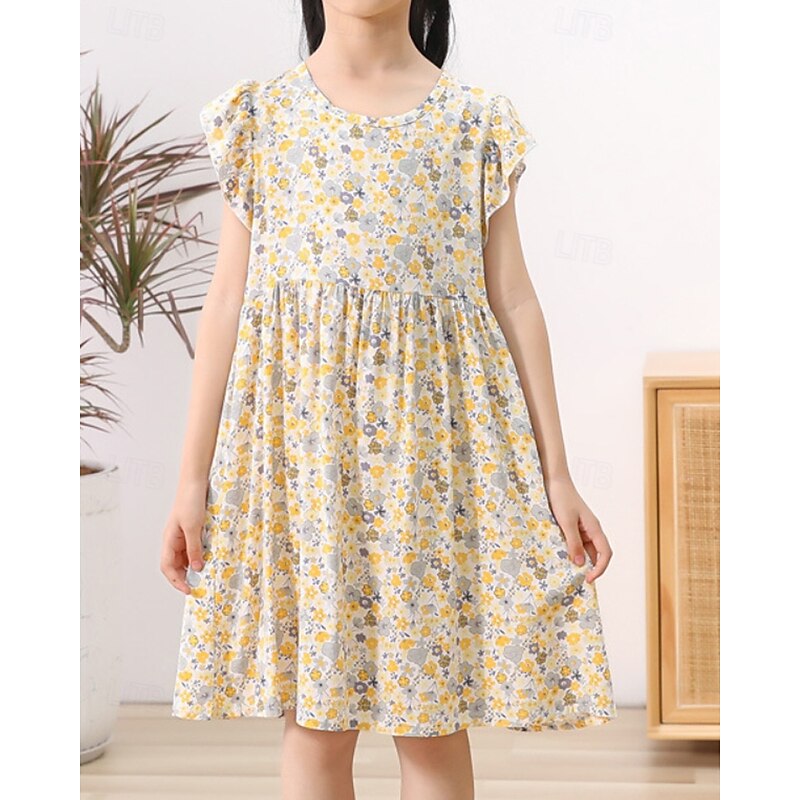 Kids Girls' Dress Flower Short Sleeve Outdoor Ruched Adorable Basic Cotton Knee-length Casual Dress Floral Dress Summer 4 years+ Light Pink White Yellow3