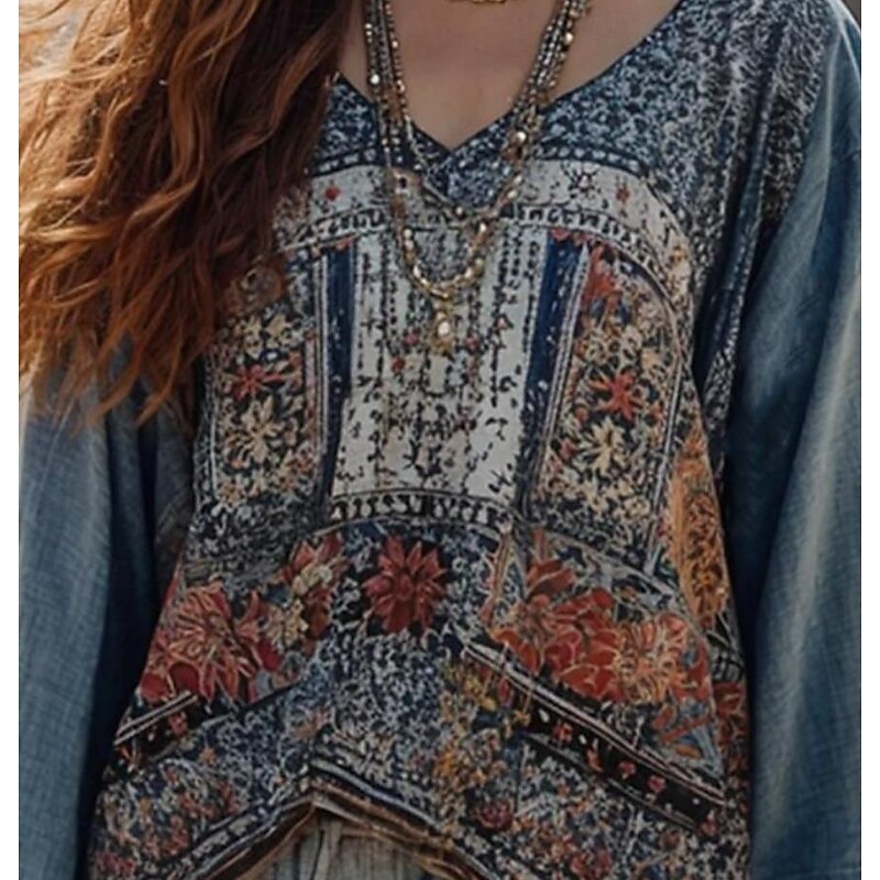 Women's Blouse Floral Graphic Bohemia Vintage Daily 3/4 Length Sleeve Crew Neck Boat Neck Regular Tops Daily Holiday Vacation Wear Print Dusty Blue Summer Spring2