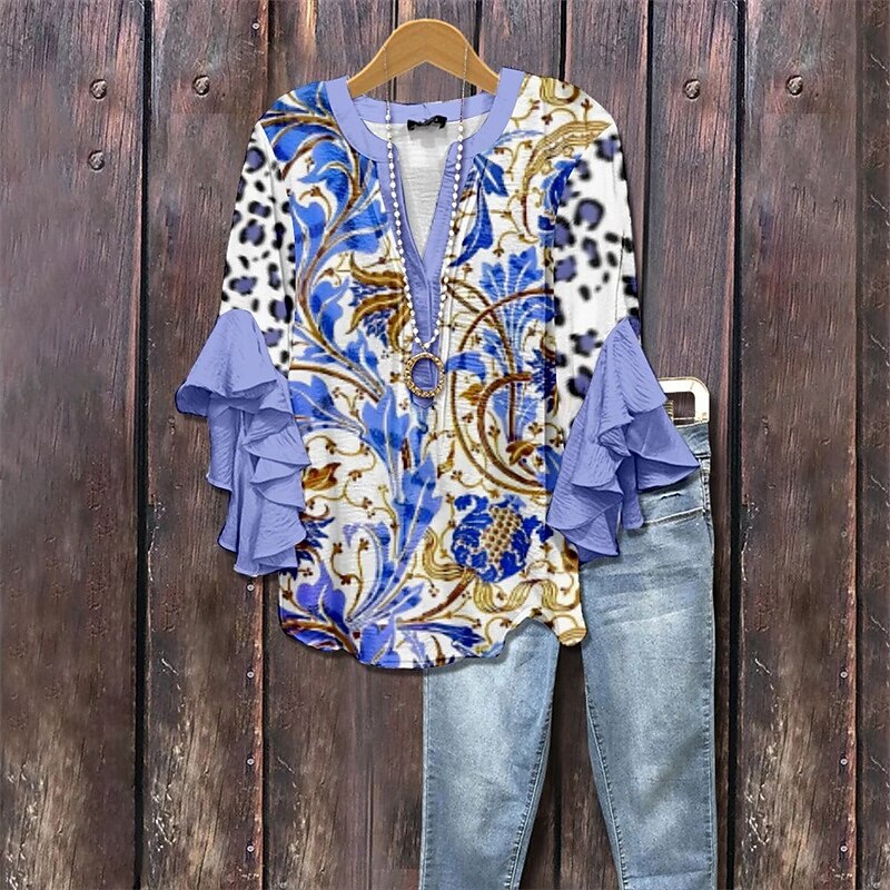 Women's T Shirt Tee Top Floral Graphic Fashion Modern Half Sleeve V Neck Regular Tops Daily Going out Ruffle Print Royal Blue Blue Dusty Blue Summer Spring2