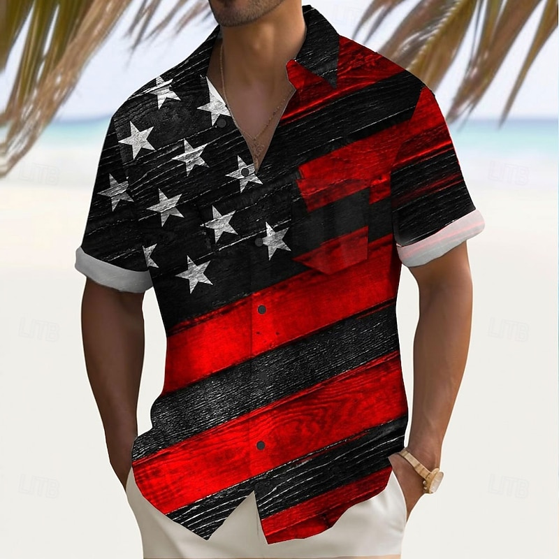 Independence Day Men's American US Flag Patriotic Shirt Summer Shirt Button Up Shirt Short Sleeve Fashion Casual Holiday Summer Spring Turndown 3D Print Collared Shirts Front One Pocket Black