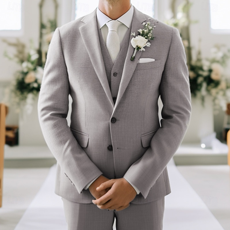 Men's Wedding Business Suits Notch Lapel Light Grey Fashion Formal Solid Colored Standard Fit 3 Piece Single Breasted Two-buttons2