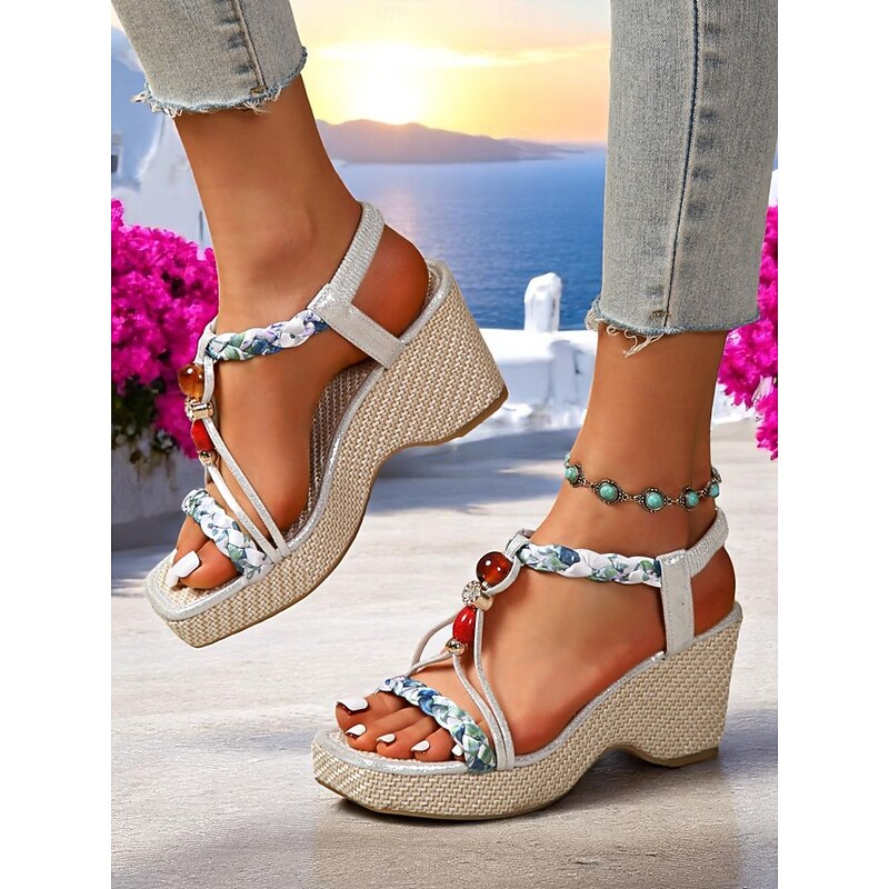 Women's Beaded Strap Wedge Sandals – Boho Summer Shoes with Gem Accents for Resort Wear and Seaside Vacations3