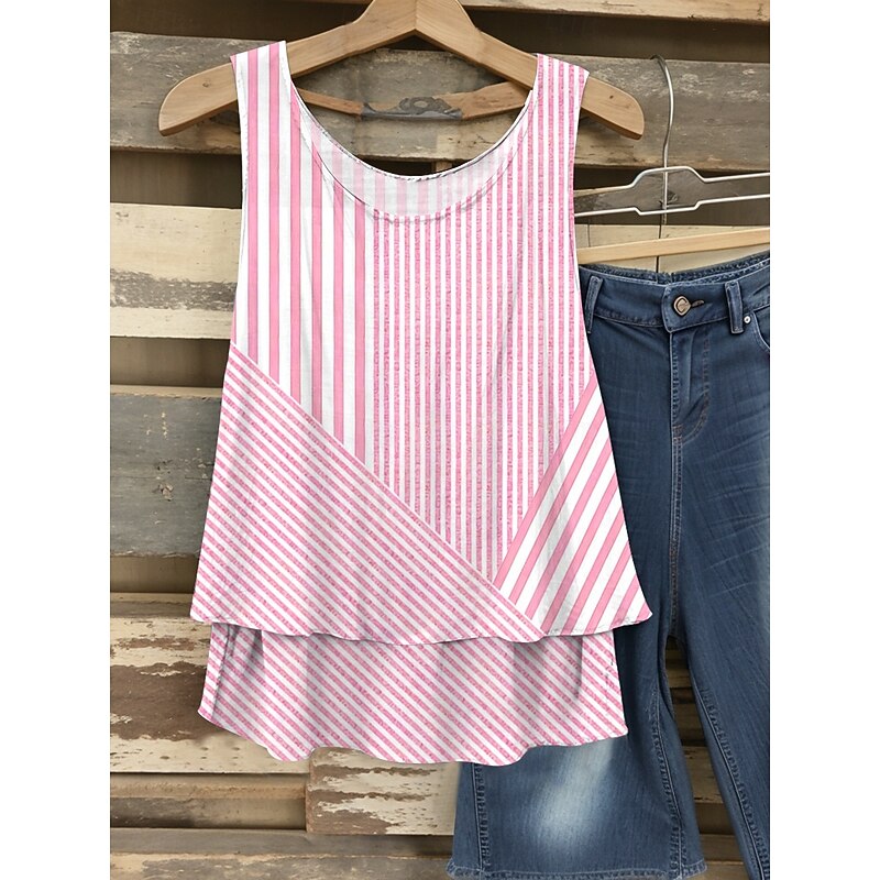 Women's Camisole Tank Top Graphic Striped Elegant Romantic Casual Sleeveless V Neck Regular Tops Daily Patchwork Print Pink Blue Purple Green Summer Spring